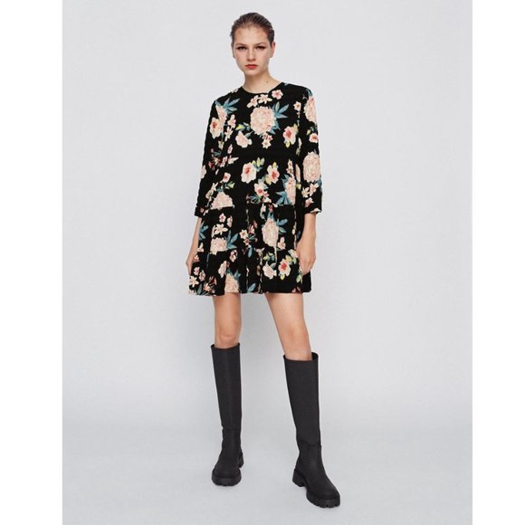 Zara Dresses & Skirts - Zara Floral Black Baby Doll Dress